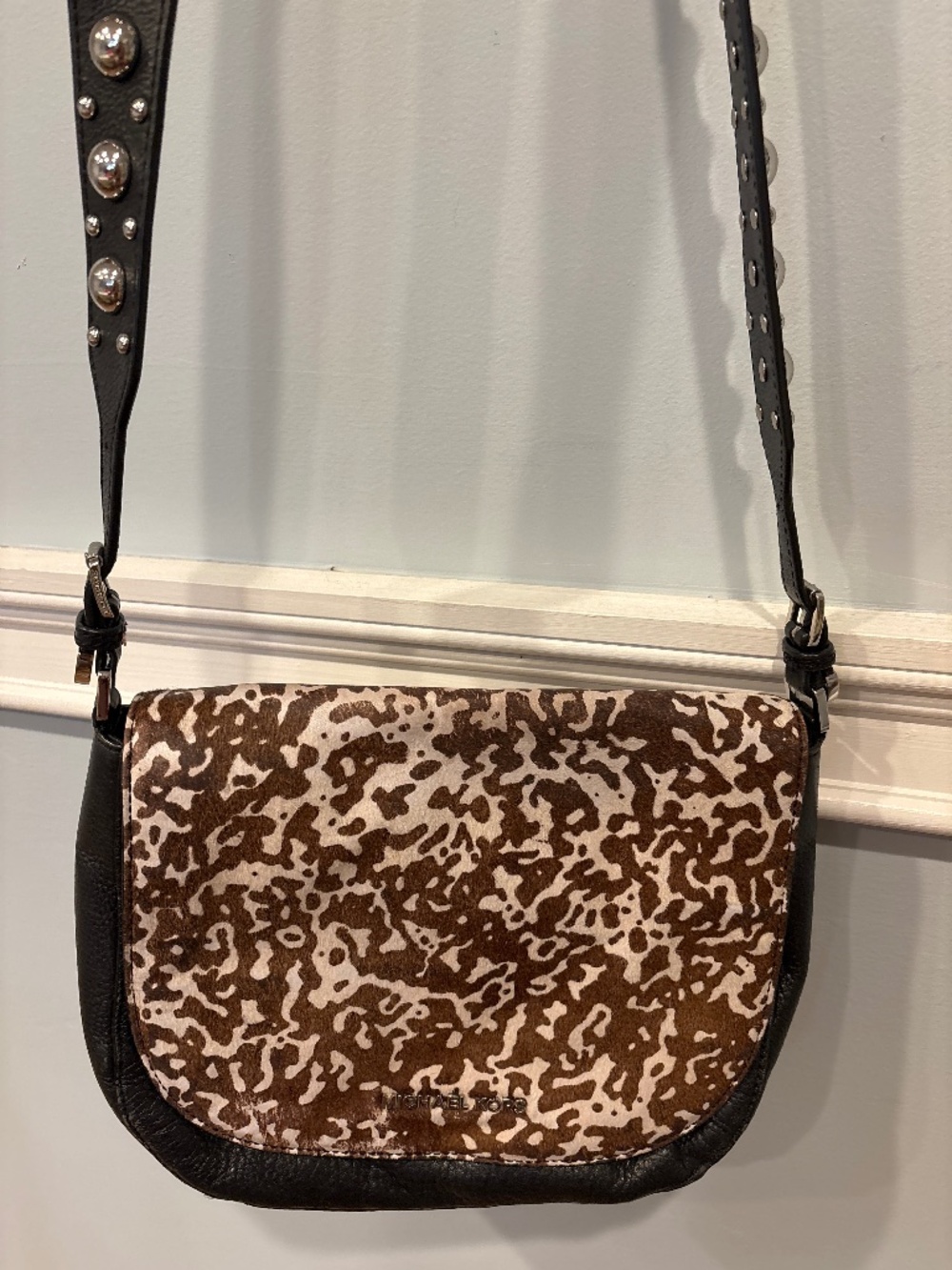 Michael Kors Leather and calf hair crossbody bag with studded strap